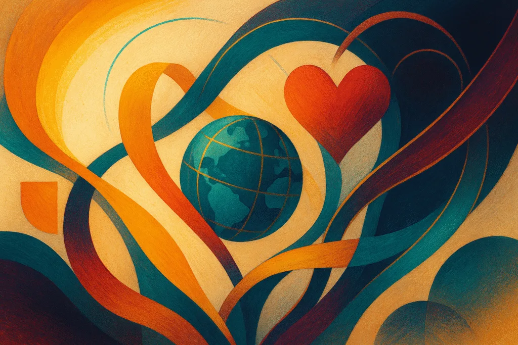 Abstract art with globe, heart, and flowing ribbons in rich jewel tones with dramatic lighting and shadows