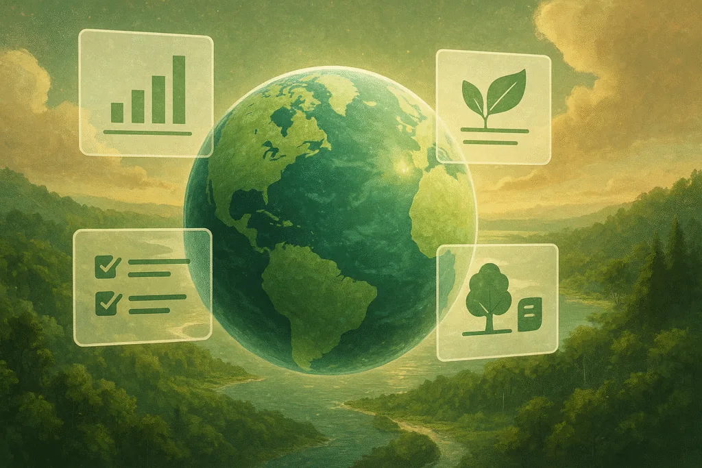 Environmental tools illustration showing Earth surrounded by eco-themed digital dashboards in lush natural setting.