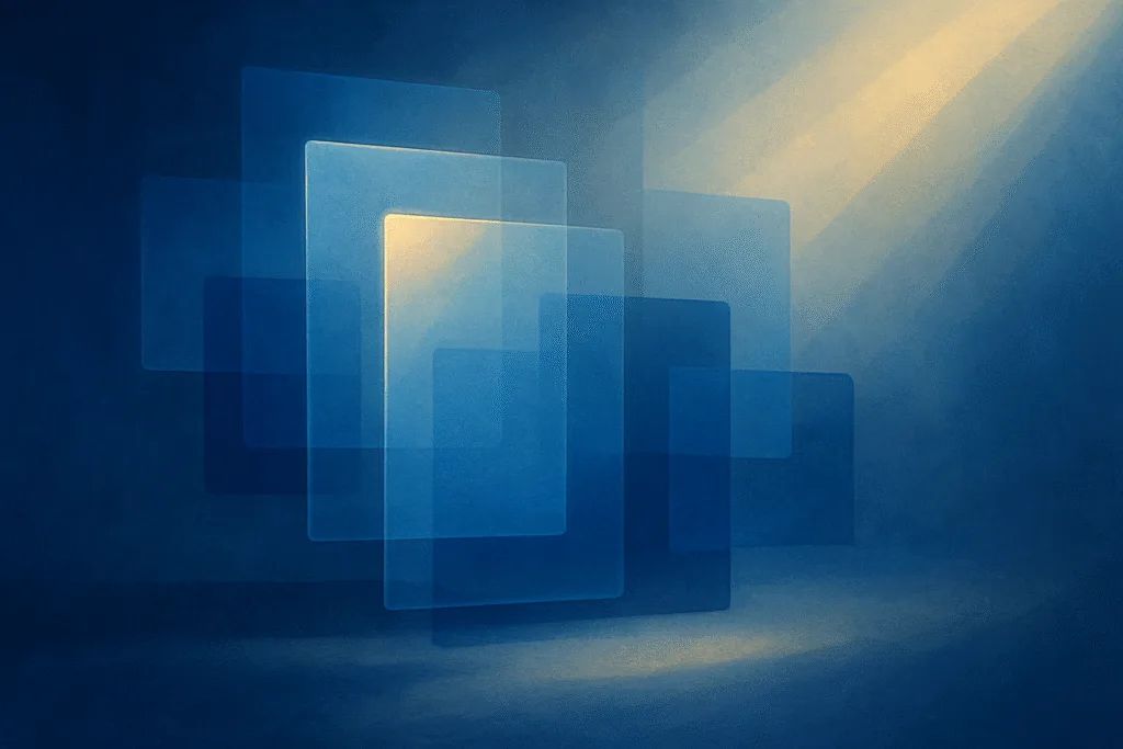 Pew Research Center definition abstract art with luminous blue transparent panels, radiant golden glow, and soft natural shadows.
