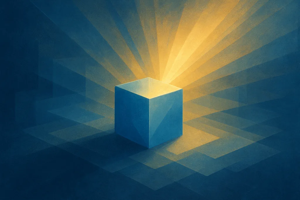 Pew Research Center mission illustration with luminous blue cube and radiant golden beams, abstract metaphor for independent, accessible data.