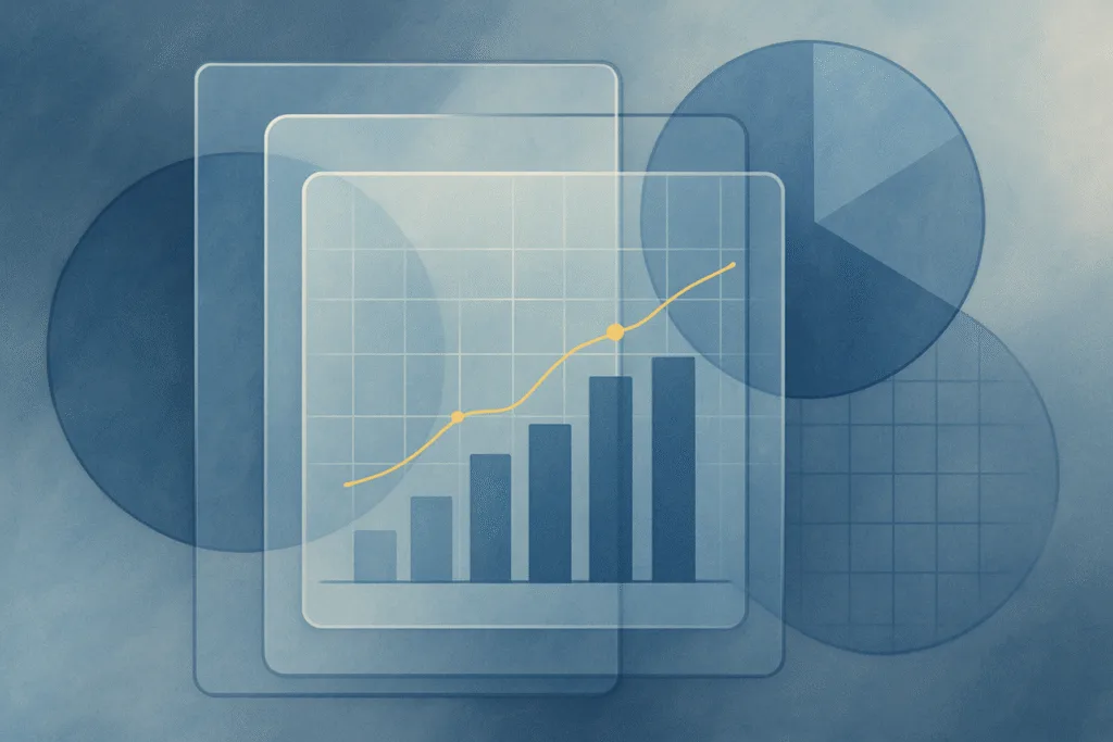Transparent research methods, abstract geometric glass layers and charts in blue, slate gray, and yellow, editorial illustration.