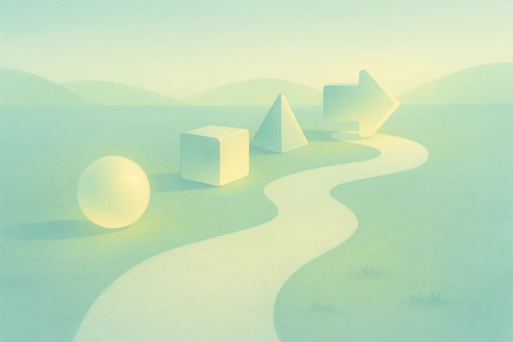 Beginner’s guide illustration with glowing abstract steps on a gentle path, showing clear research process, digital art.