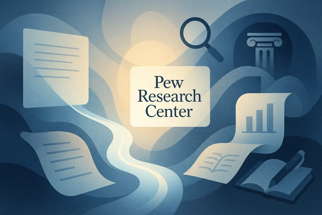 Editorial illustration showing abstract data streams, documents, and research icons symbolizing the breadth and accessibility of Pew Research Center data.