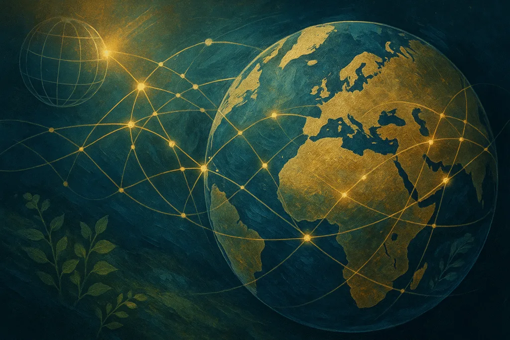 Ethical AI platform illustration with abstract globe and golden data pathways, photo-real textures.