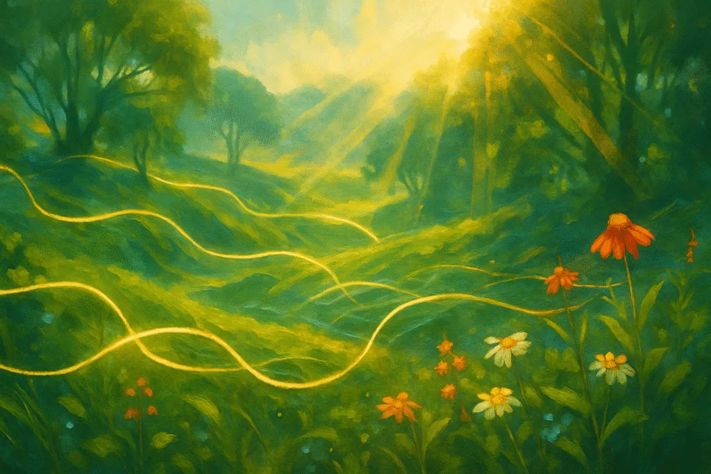 environmental action abstract landscape with glowing golden lines, wildflowers, lush greenery, and dramatic sunlight and shadows, painterly