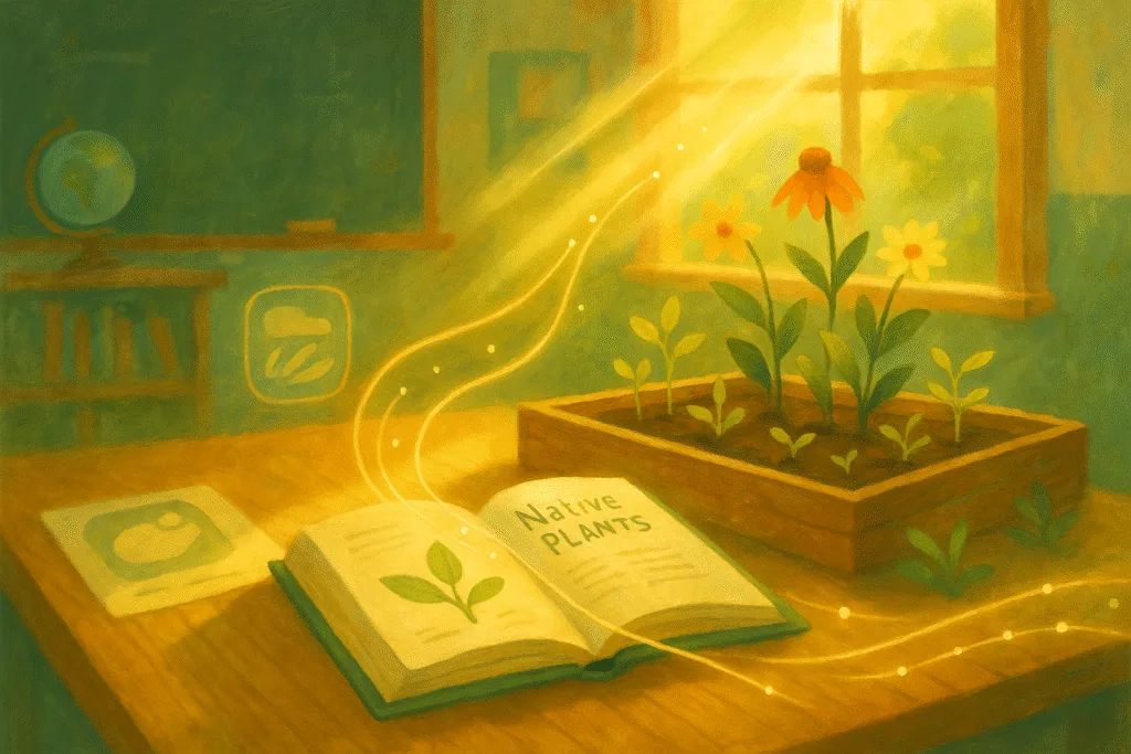 painterly classroom scene with open native plant guide book, golden light streams, and raised garden bed with wildflowers, symbolizing digital tools enabling real-world ecological education