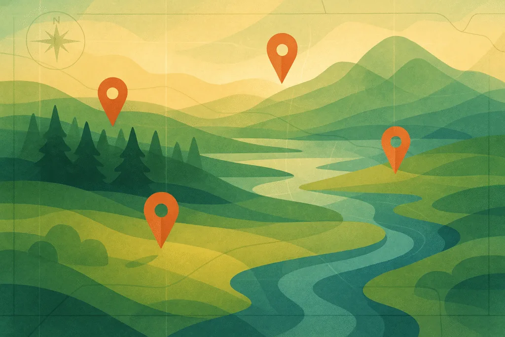 Conservation maps hero image showing stylized forests, rivers, and map icons—abstract digital illustration for beginners guide.