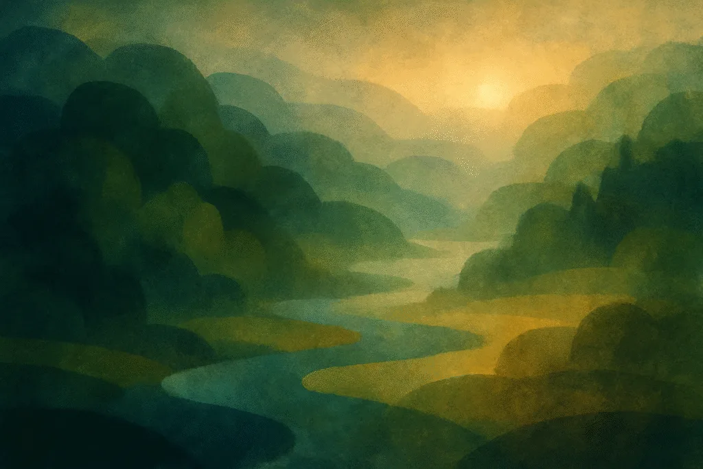 Abstract landscape with layered forests, rivers, and dawn light—impressionistic art representing TNC conservation map diversity.