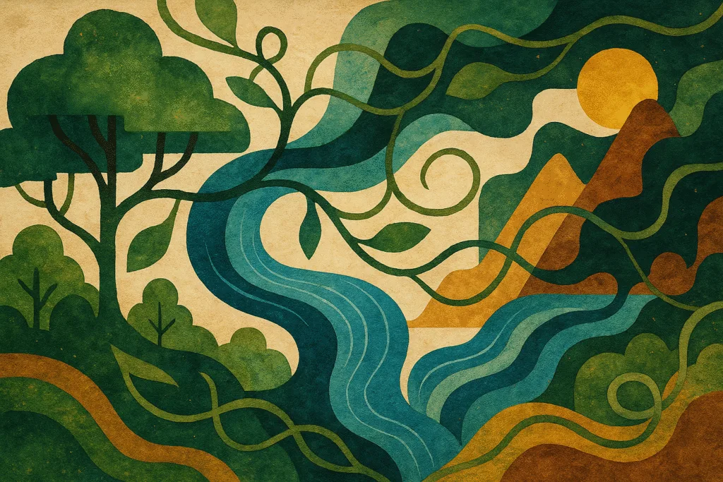 Conservation action illustration showing interconnected trees, water, and earth in abstract organic forms, digital mixed-media.