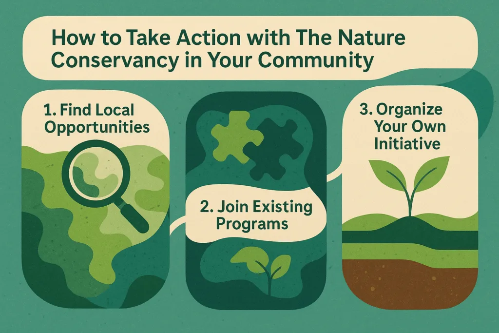Infographic showing three steps to take action with The Nature Conservancy: find local opportunities, join programs, and organize an initiative.