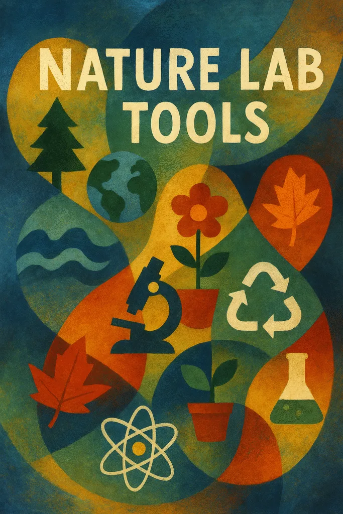 Conceptual illustration of ten Nature Lab tools with abstract shapes, textured lighting, and nature-inspired icons