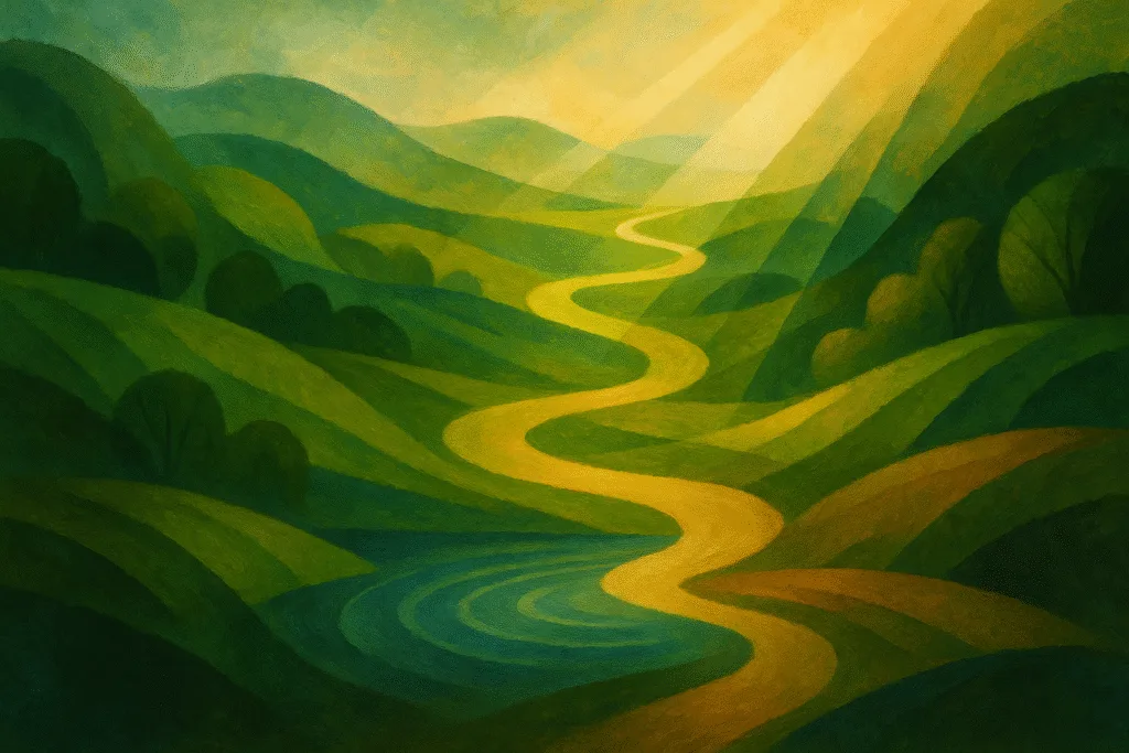 Impressionistic landscape painting of rolling green hills, winding sunlit path, and rippling water, expressing environmental connection.