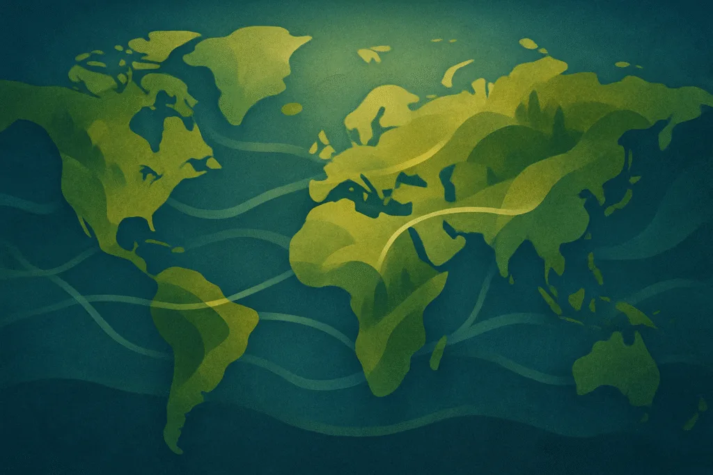 Nature Conservancy editorial illustration, abstract world map with flowing lines, textured land and water, glowing light and shadows, digital art.
