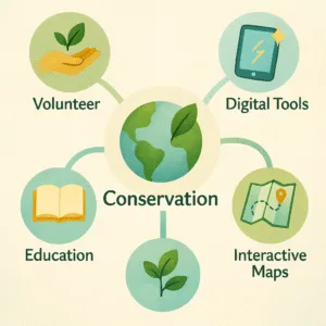 FAQ infographic with a central globe and leaf icon for conservation, connected to icons for volunteer, digital tools, education, and interactive maps.