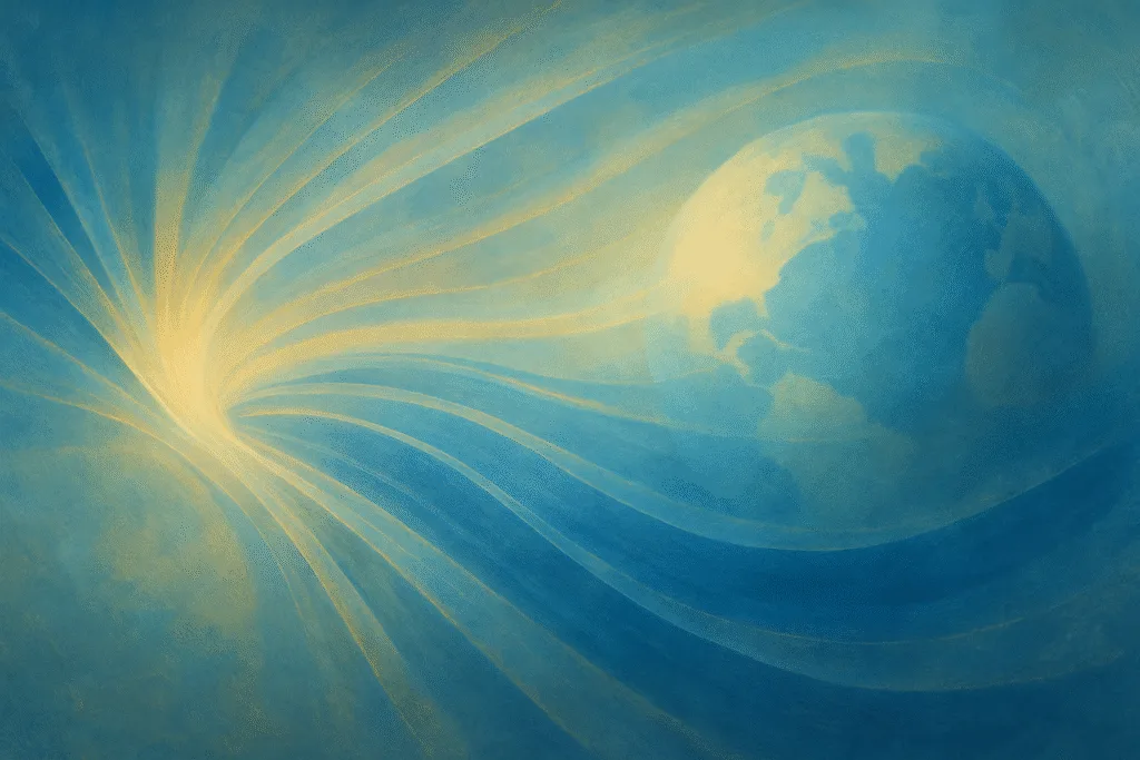 UNICEF USA definition, abstract arcs of blue and gold light radiate across textured background, concept of global connection, AVIF format