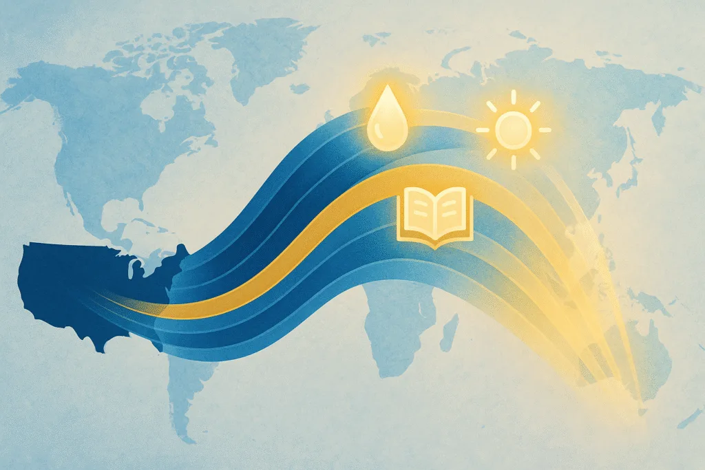 UNICEF USA role infographic, luminous blue and gold ribbons with glowing icons for water, education, relief flowing from U.S. to world