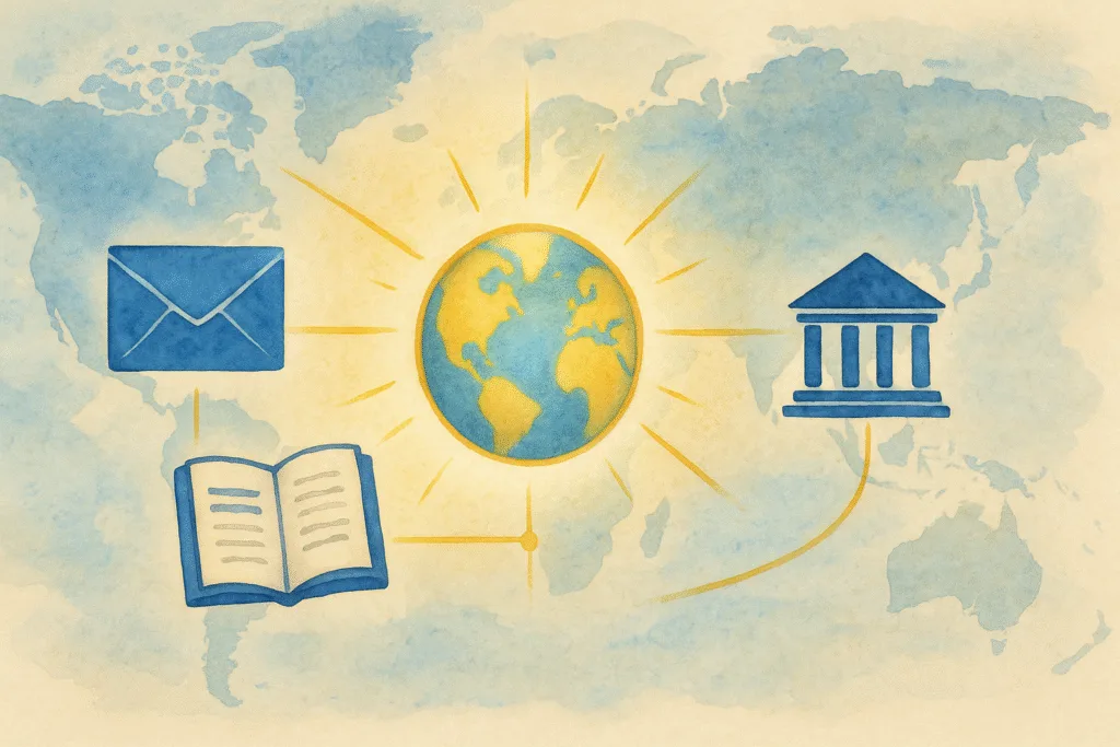 Child rights advocacy illustration, glowing globe and icons for email, guide, and lawmakers, watercolor digital art