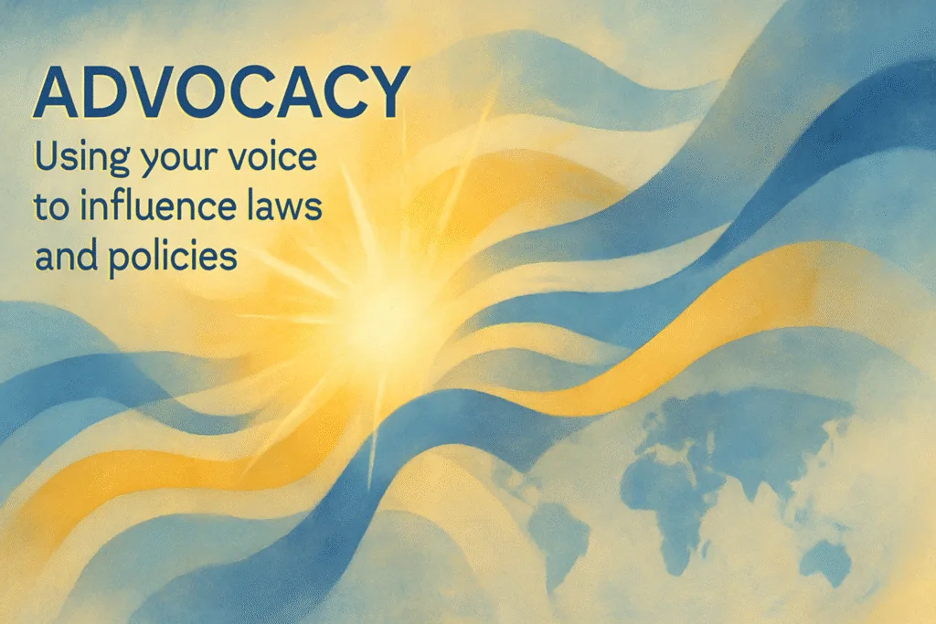 Abstract conceptual illustration showing radiant light and flowing shapes symbolizing UNICEF USA advocacy and civic engagement, digital painterly style