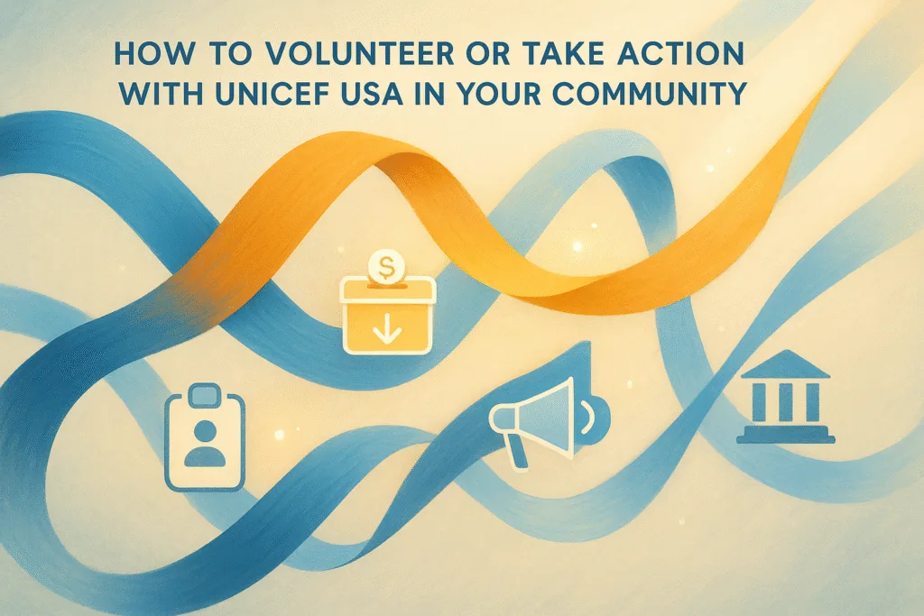 Semi-abstract illustration showing glowing interconnected ribbons symbolizing community action pathways with UNICEF USA including volunteerism, fundraising, advocacy, and leadership