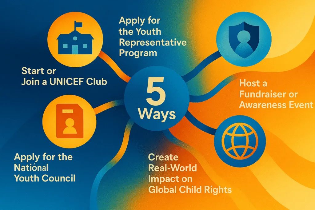 UNICEF youth leadership infographic, five pathways with icons for clubs, programs, council, events, and global impact, bold colors, radiant light.