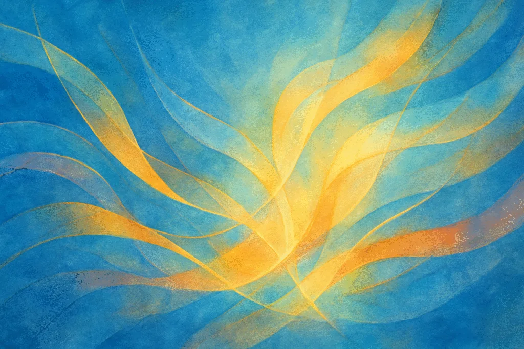 Youth leadership UNICEF USA, abstract luminous ribbons with blue and gold, impressionistic illustration evoking global advocacy and hope, AVIF.