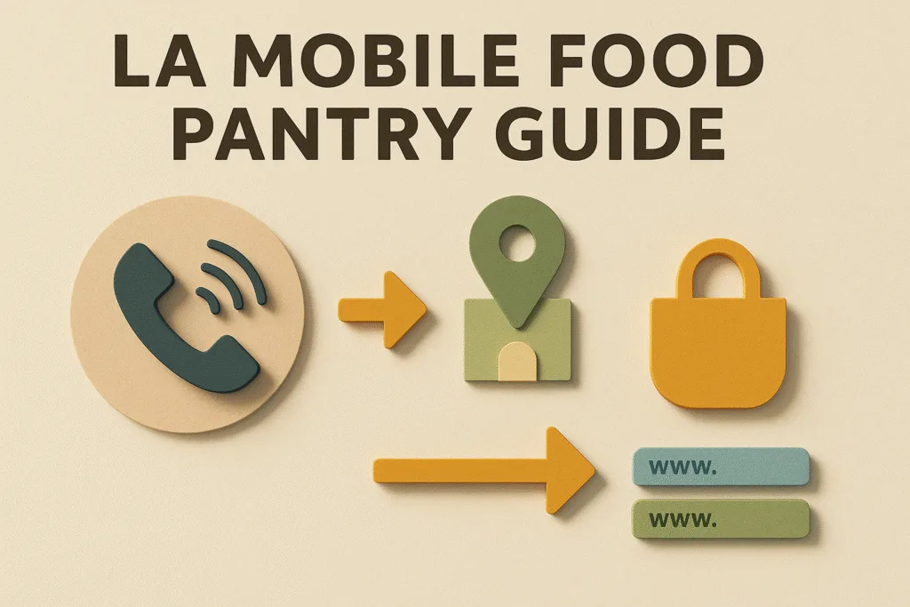 abstract 4-step infographic for LA mobile food pantry: phone icon, map-pin at site entrance, tote bag, and trusted URL bars arranged left-to-right
