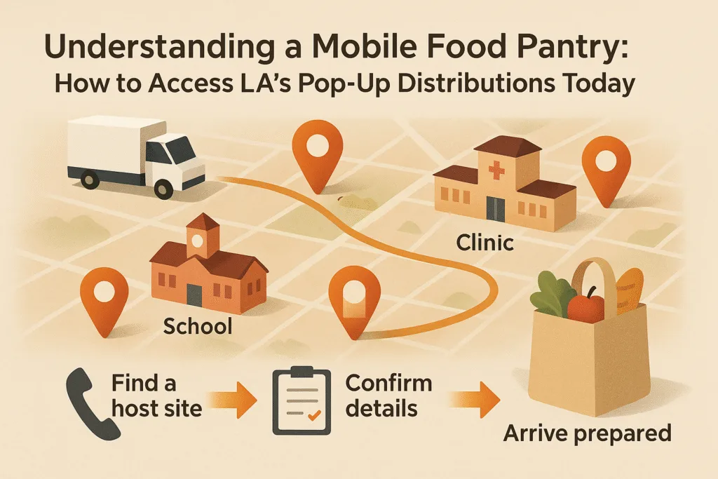 illustrated infographic map showing LA mobile food pantry truck traveling between school and clinic with icons for finding site confirming details and arriving prepared