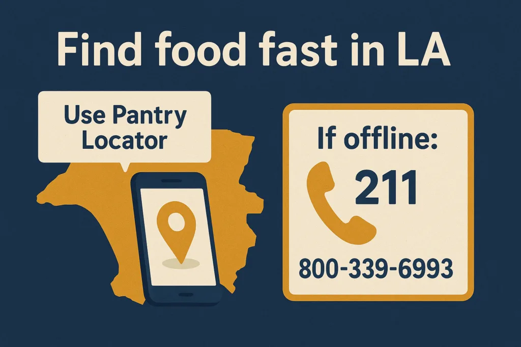 Los Angeles pantry locator infographic, two-step guide with map pin and phone numbers 211 and 800-339-6993