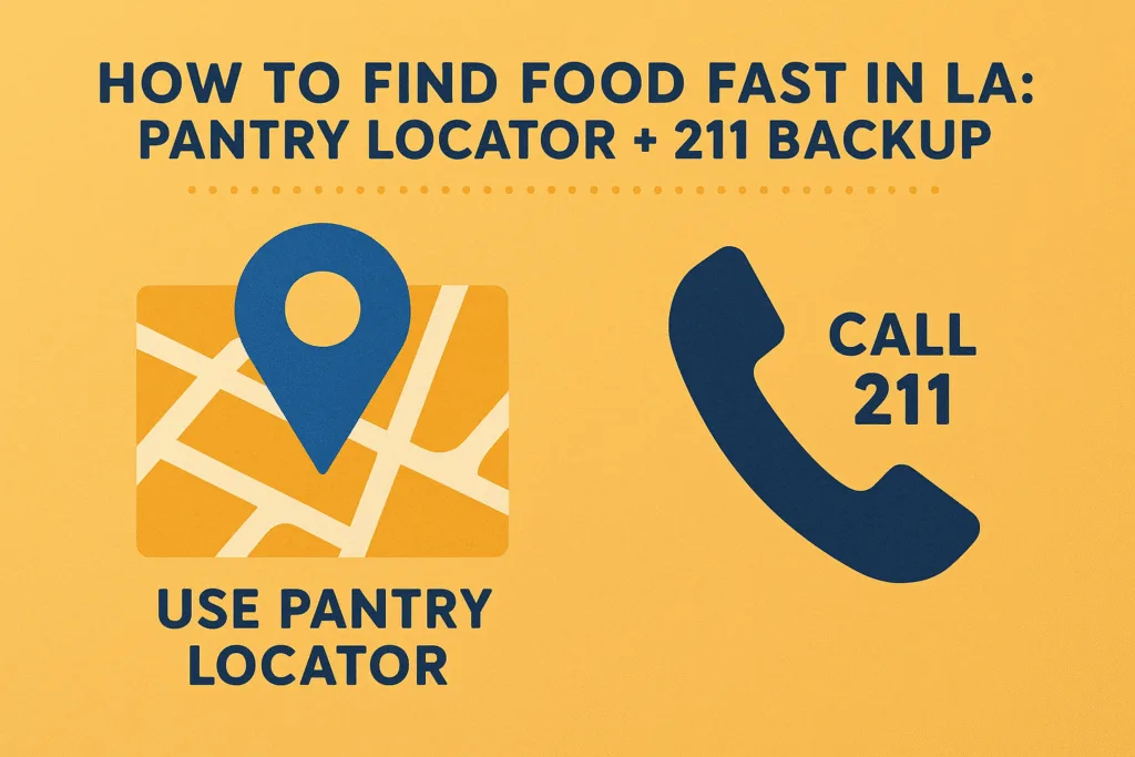 Infographic showing two-step guide to find food fast in Los Angeles with map pin labeled 'Use Pantry Locator' and phone icon labeled 'Call 211'.