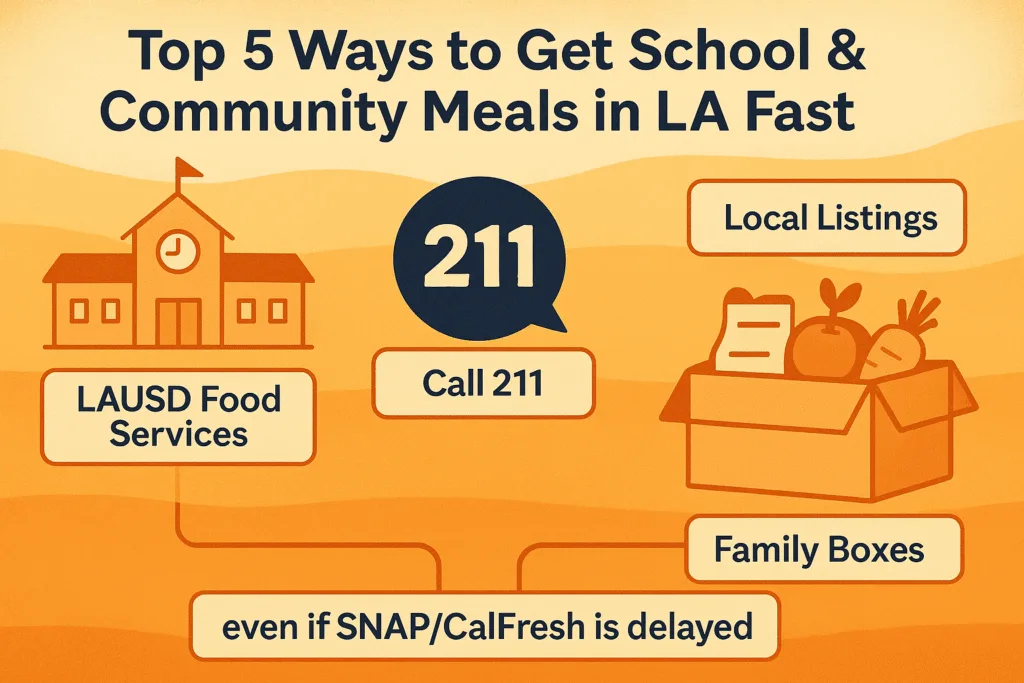 Infographic showing top 5 ways to get school and community meals in Los Angeles, including LAUSD food services, 211, local listings, and family food boxes