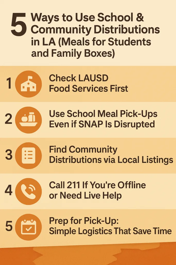 Infographic showing five ways to use school and community meal distributions in Los Angeles, with icons for LAUSD food services, meal pick-ups, local listings, 211 help line, and pick-up preparation tips