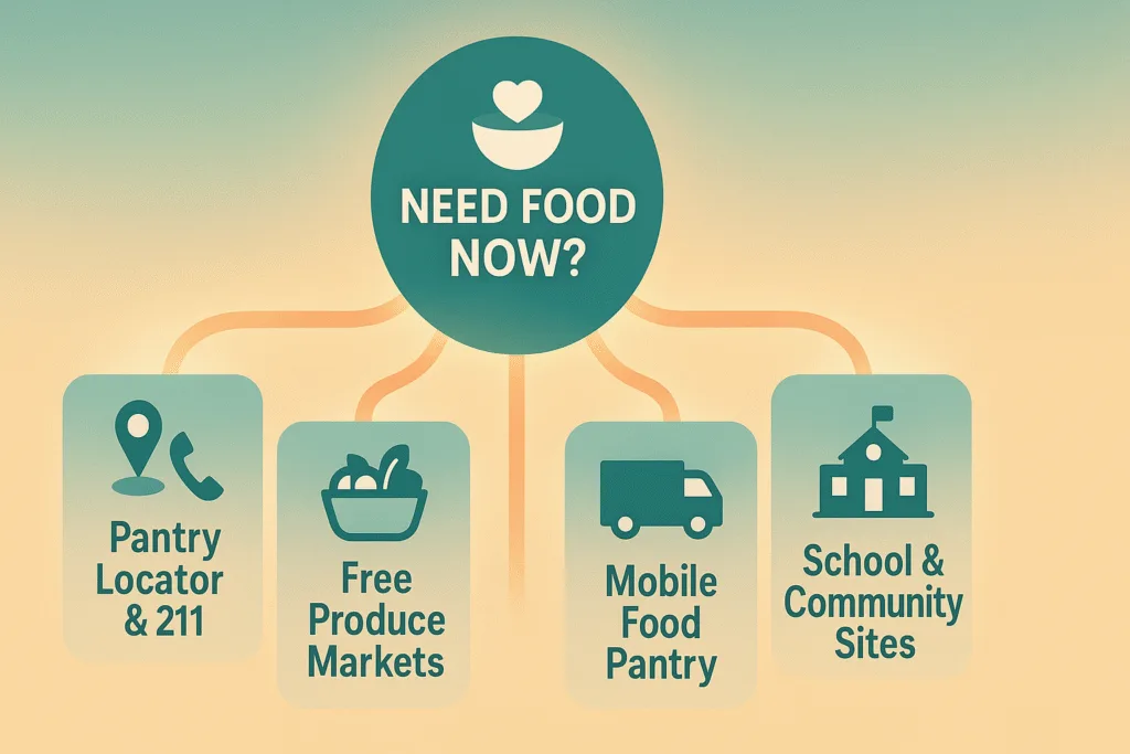 Infographic flowchart showing four LA food-access paths—211, pantries, produce markets, and schools.