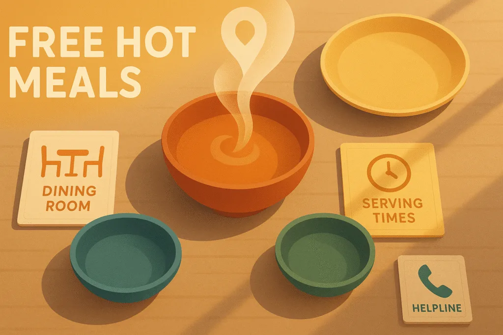 free hot meals hero illustration with four bowls on a sunlit table and small icon cards for dining rooms, serving times, and helpline