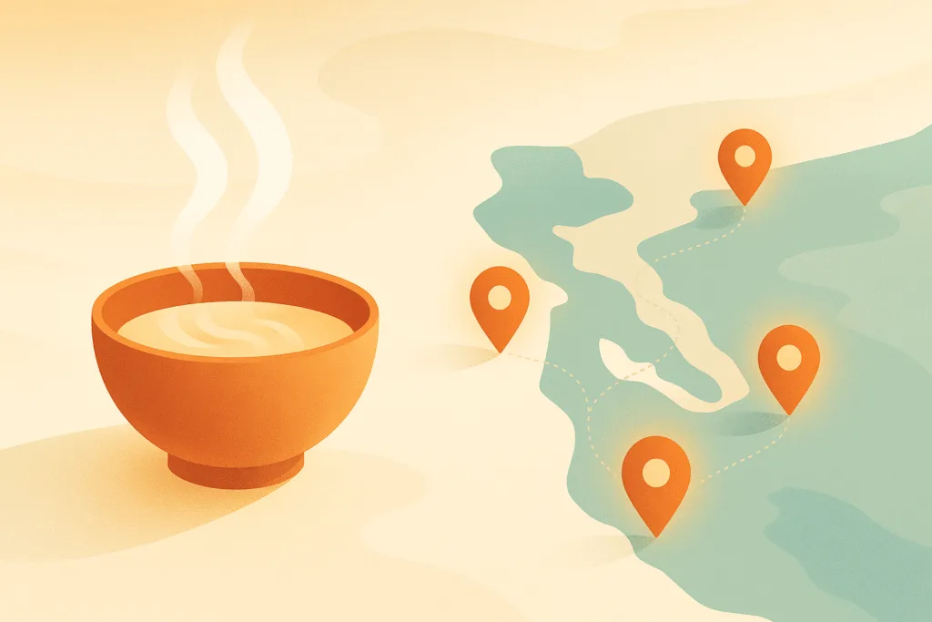 Free hot meals Bay Area hero illustration: steaming bowl at center with four glowing location markers along an abstract bay coastline, warm side lighting.