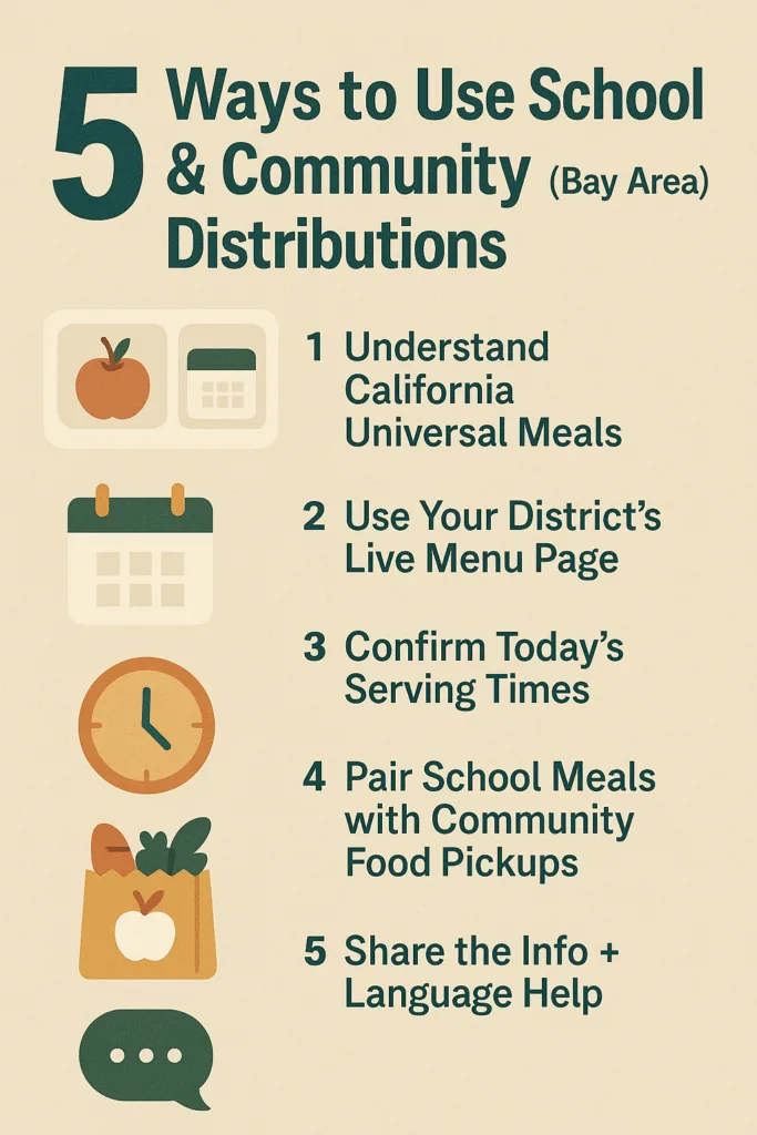 infographic showing 5 ways to use bay area school and community meal distributions with icons for meal tray calendar clock grocery bag and speech bubble