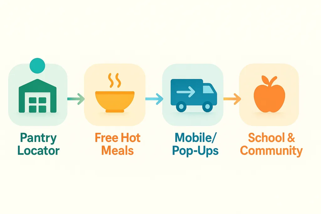 Infographic showing four Bay Area food access options—pantry locator, free hot meals, mobile pop-ups, and school community distributions—connected in a left-to-right flow