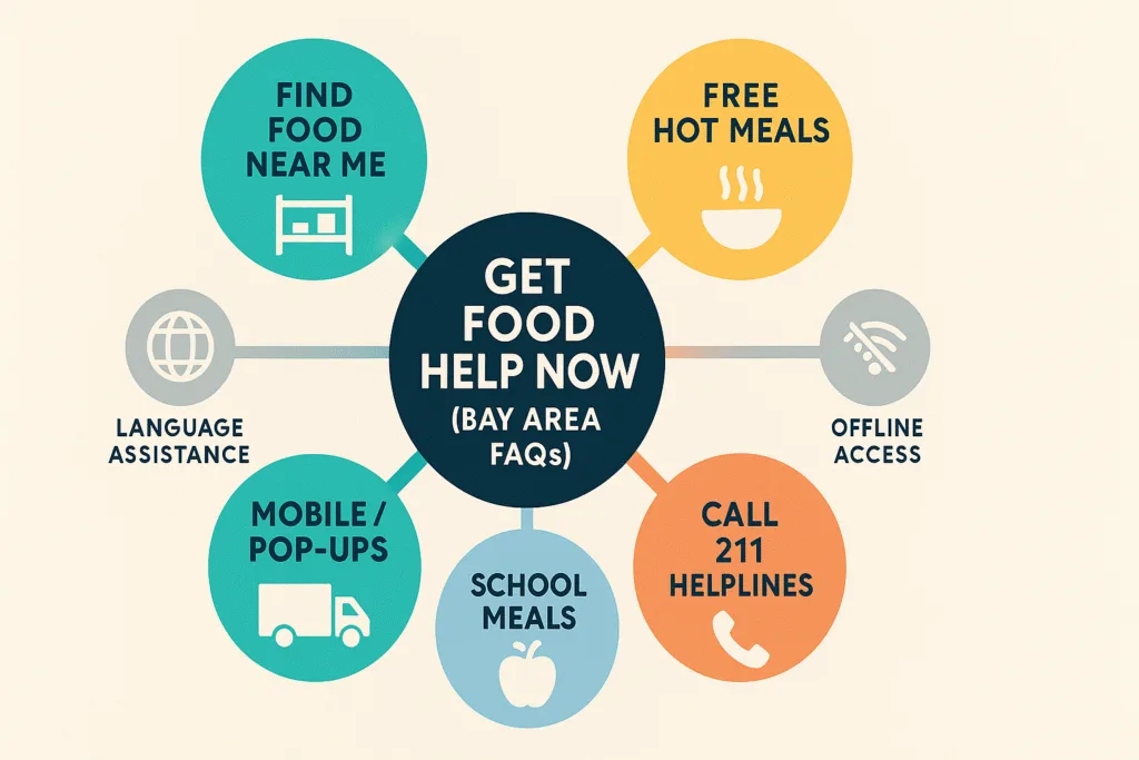 Radial infographic titled Get Food Help Now showing connected circles for finding food, free meals, mobile pop-ups, school meals, and 211 helplines plus icons for language and offline access